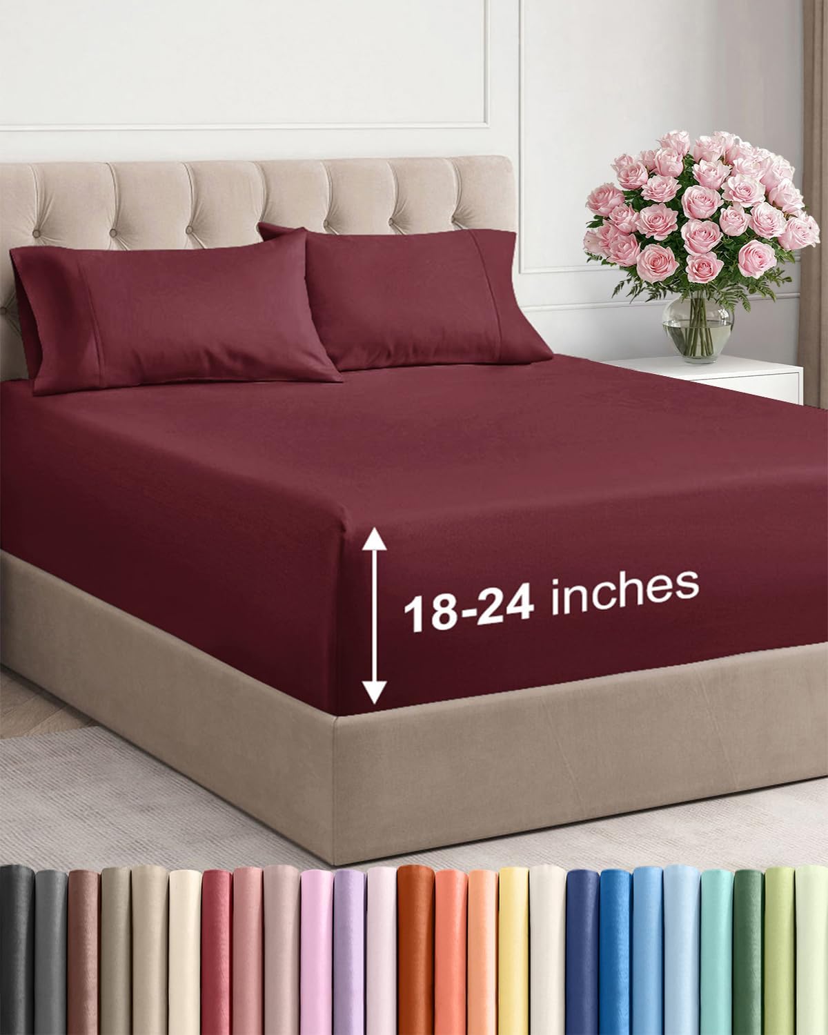 CGK Extra Deep Twin Sheet Set - 4Pc Cooling Sheets - Burgundy