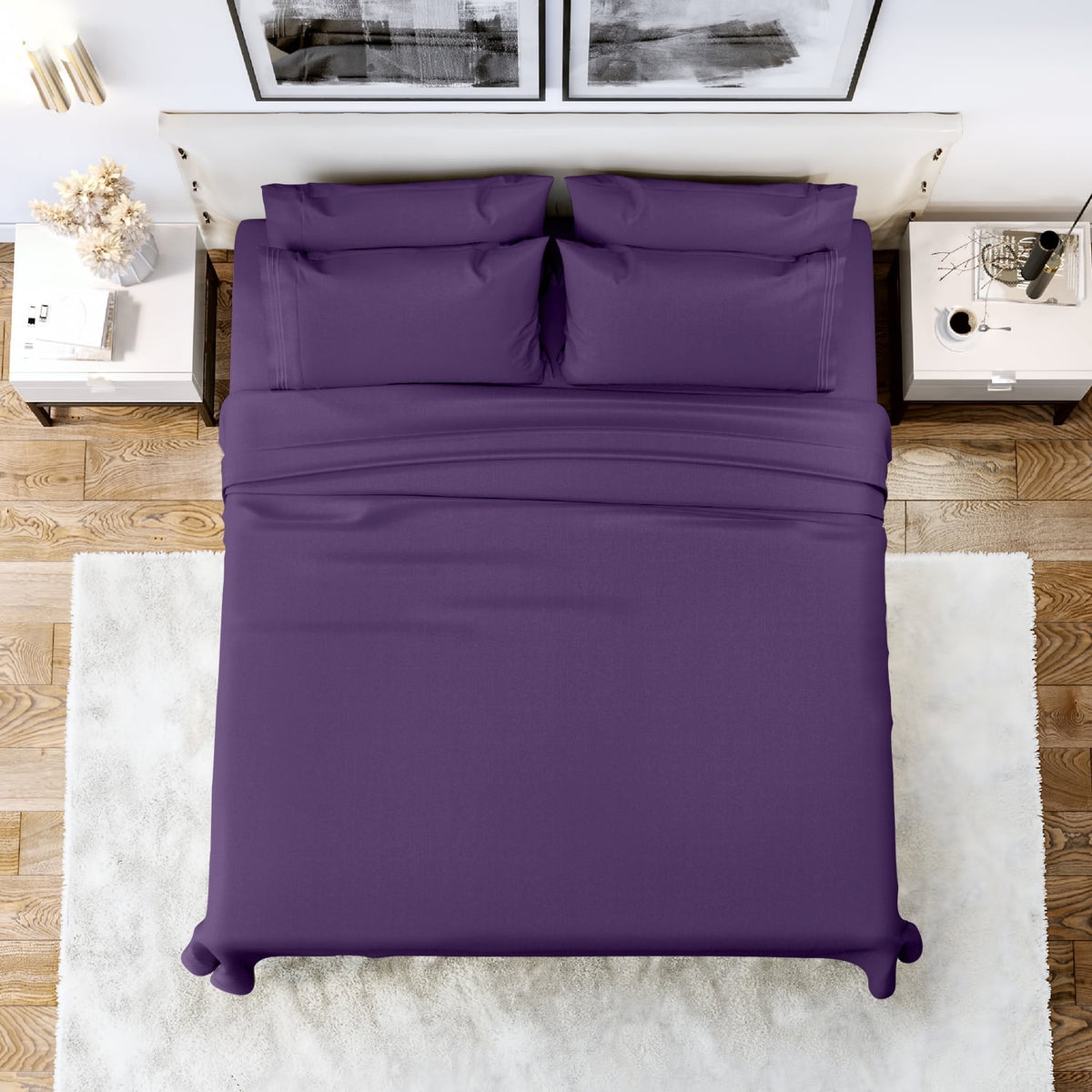 Double-Brushed Microfiber Deep Pocket Full Bed Sheets Set, Fitted, Flat Sheet, 4 Pillowcases - Purple