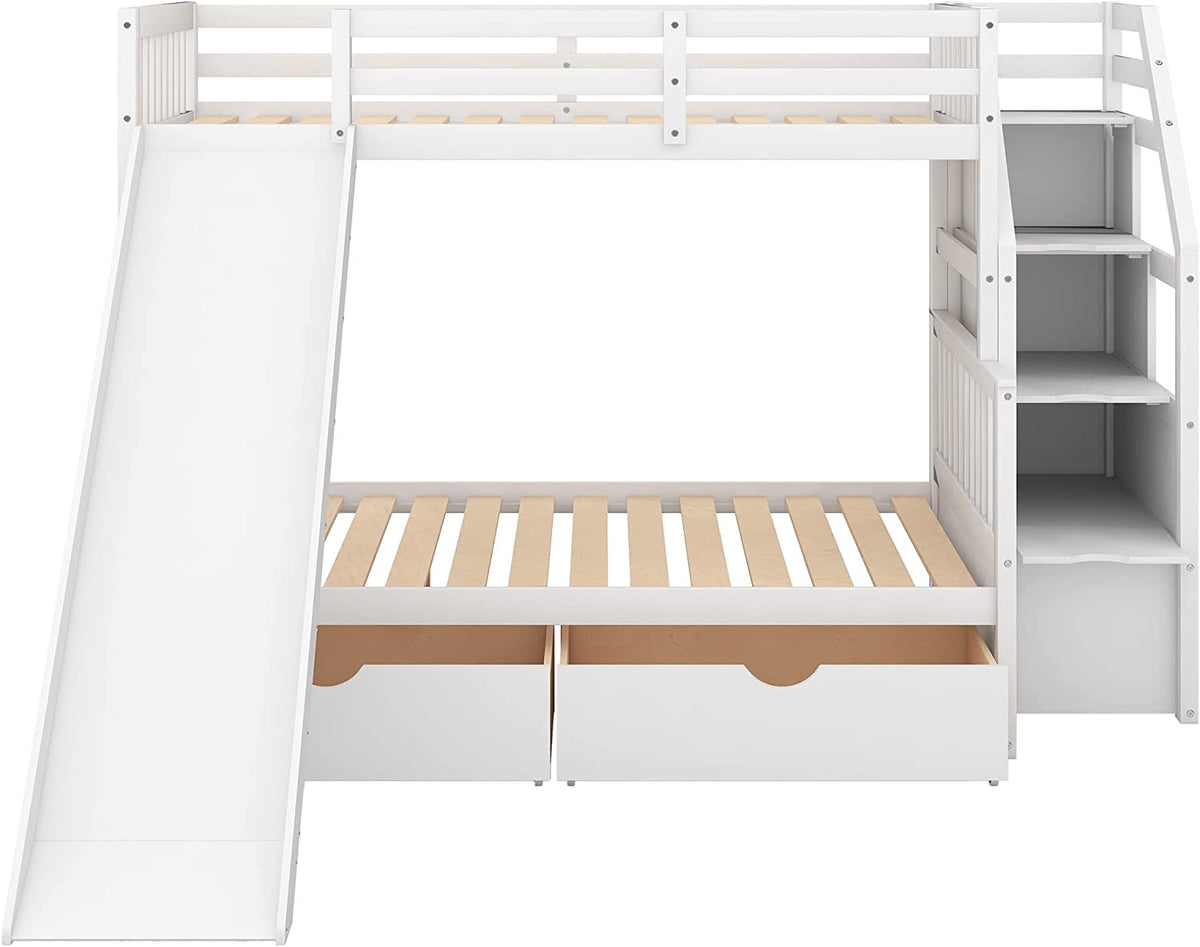 Full over Twin & Twin Bunk Bed with Drawer & Ladder, Triple Bunkbeds Wooden for Kids, Teens, Adults, Gray, White