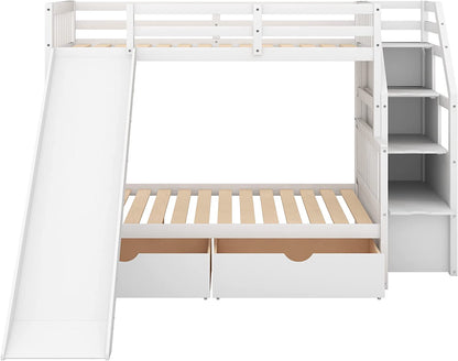 Full over Twin & Twin Bunk Bed with Drawer & Ladder, Triple Bunkbeds Wooden for Kids, Teens, Adults, Gray, White