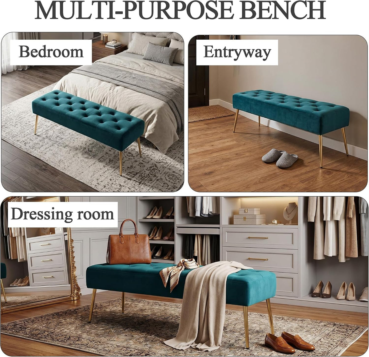 Modern Velvet Bench Ottoman, Upholstered Bedroom Benches